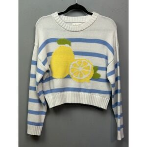 freshman1996 White Blue Stripe Lemon Crop Sweater Womens Medium